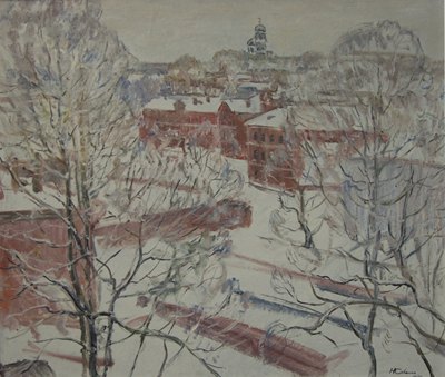 Снежная зима в Петроградском районе, 2001, 80х80, х/м